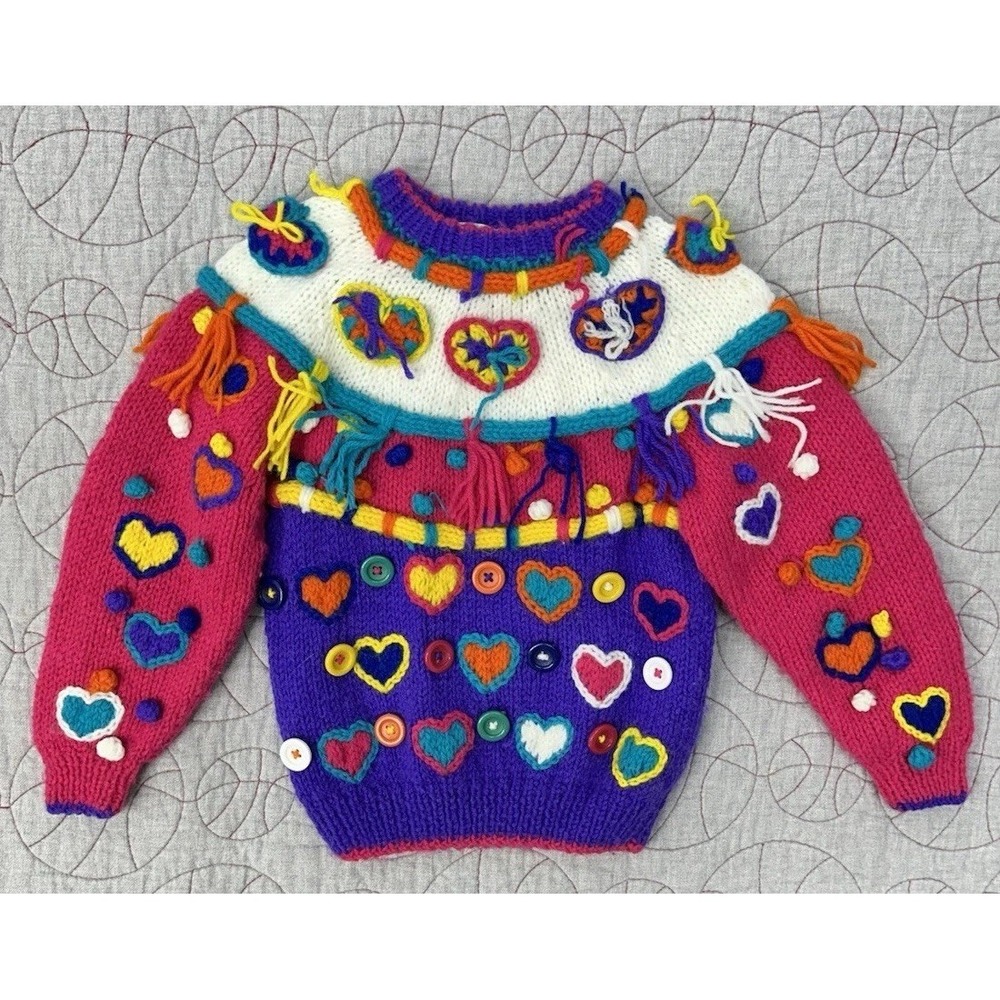 Rachel's Kids Vibrant Rainbow Heart Fringe Knit Yarn Sweater Little Kids Size 3